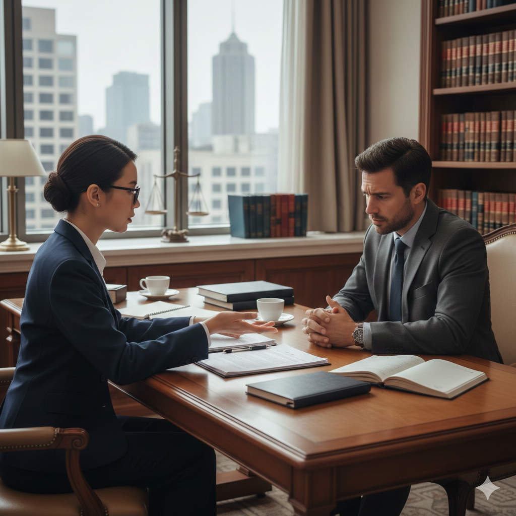 Início Advogado criminalista orientando cliente antes de depoimento na delegacia