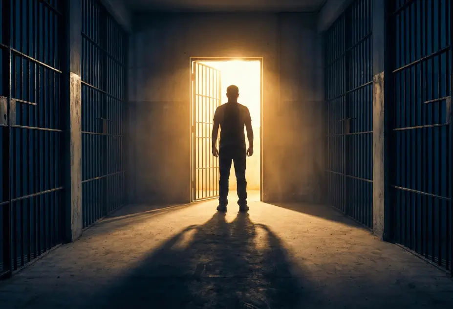 Silhueta de homem caminhando em corredor de prisão em direção à luz dourada representando a liberdade após pagamento de fiança criminal