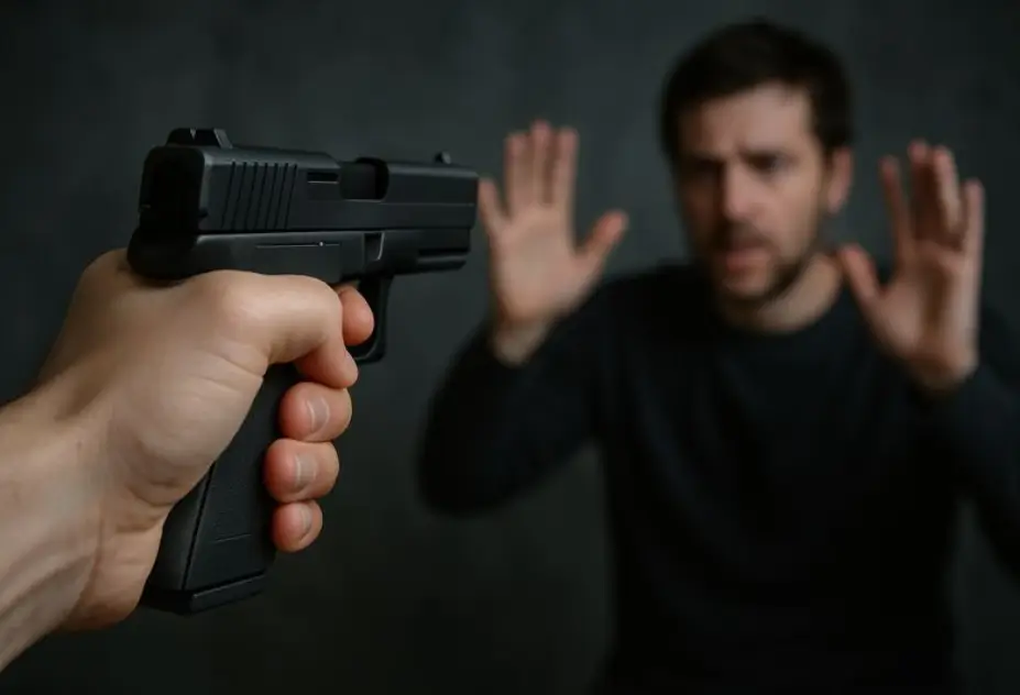 Início Pessoa em posição de risco diante de arma apontada, representando situação de legítima defesa