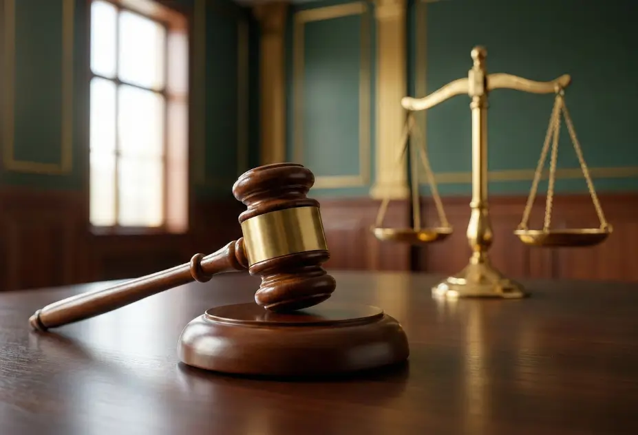 Início Martelo de juiz sobre mesa de madeira em sala de audiência com balança da justiça ao fundo, representando audiência de custódia e decisão sobre liberdade provisória